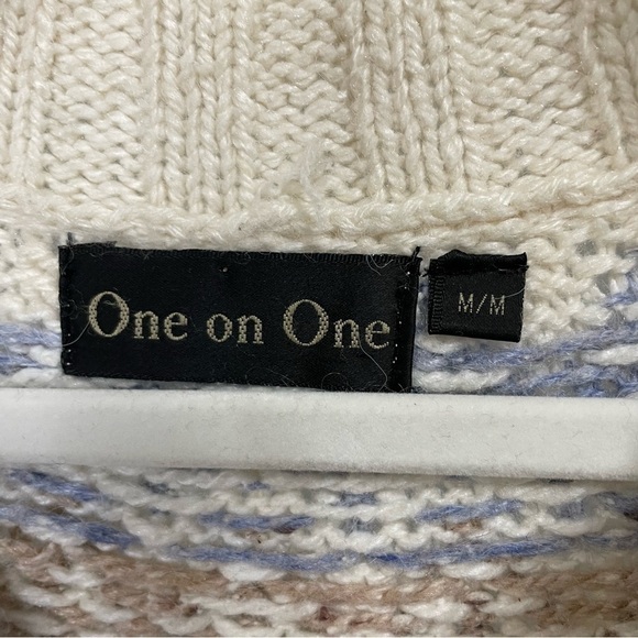 𝅺[m] Vintage White & Blue Zip-Up Snow Bunny Winter Fair Isle Print Knit Sweater - Picture 14 of 16